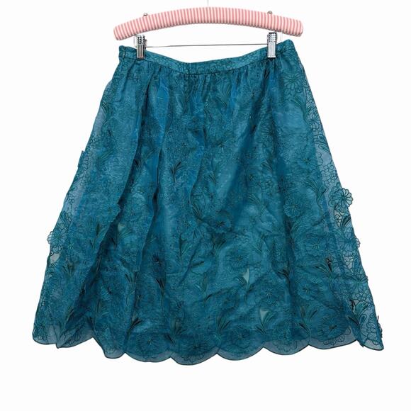 Yoana Baraschi A-Line Skirt Womens Sz 8 Teal 3D Floral Embroidered Mesh Lined - Picture 2 of 9